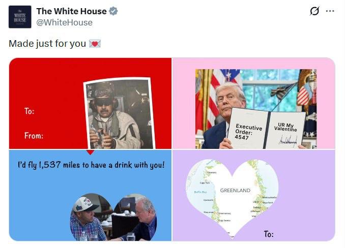 Мадуро - с любовью! Трамп поздравил с Днем святого Валентина Мадуро - с любовью! Трамп поздравил с Днем святого Валентина президента Венесуэлы, Гренландию и демократов США
