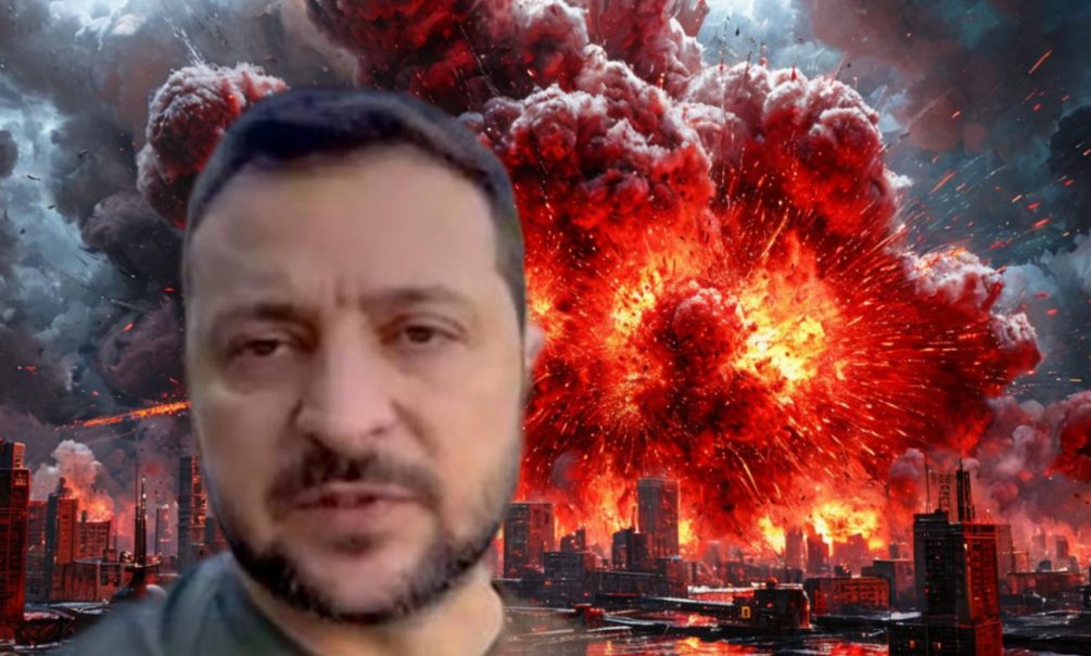 Владимир Зеленский с обеспокоенным выражением лица на фоне ракетных ударов и дымящейся карты Ближнего Востока, символизирующей конфликт США, Израиля и Ирана